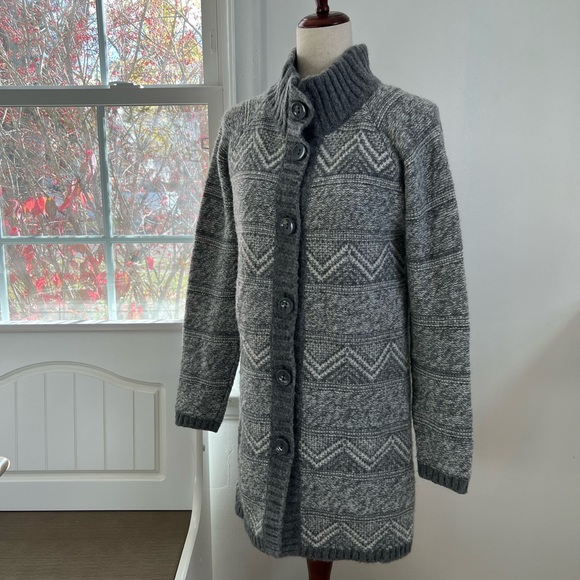 Maryline Italy Wool Blend Buttoned Front Aztec Patterned Cowl Neck Tunic Sweater - Picture 5 of 12